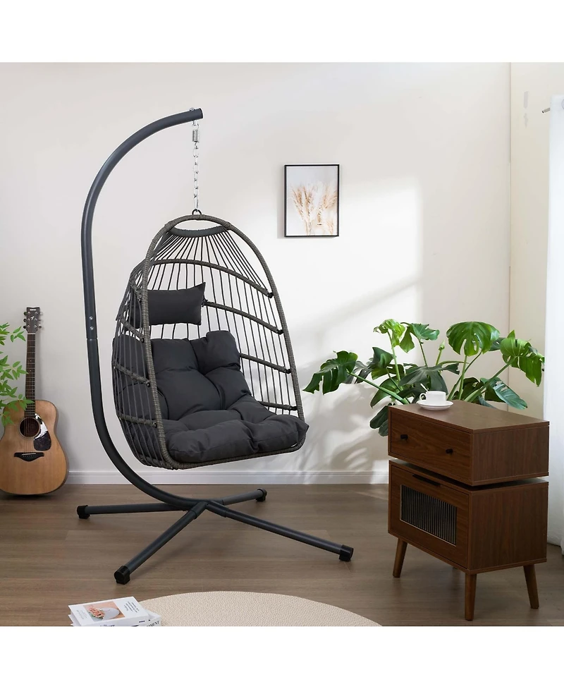Boyel Living Foldable Hanging Egg Chair with Stand and Cushion, Outdoor Patio Wicker Swing Chair, Hdpe Rattan Aluminum-Steel Frame