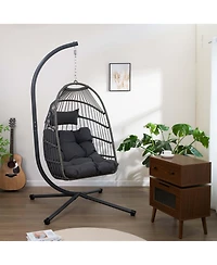Boyel Living Foldable Hanging Egg Chair with Stand and Cushion, Outdoor Patio Wicker Swing Chair, Hdpe Rattan Aluminum-Steel Frame