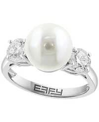 Effy Collection Freshwater cultured Pearl (10mm) & Lab Grown Diamond (1 ct. t.w.) Ring in Sterling Silver