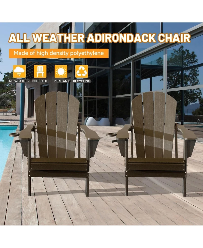 Clihome Folding Outdoor Adirondack Chairs with Cup Holders (Set of 2)