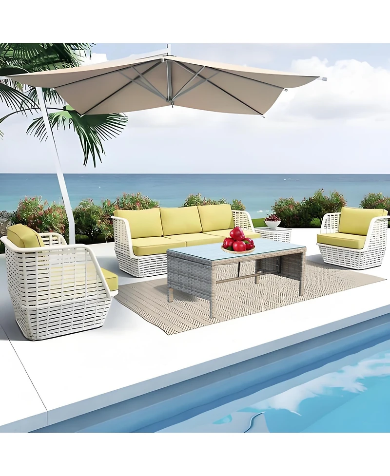 Clihome Outdoor Wicker Coffee Table with Tempered Glass Top - Weather Resistant Patio Table