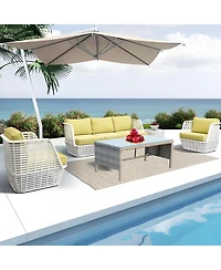 Clihome Outdoor Wicker Coffee Table with Tempered Glass Top - Weather Resistant Patio Table