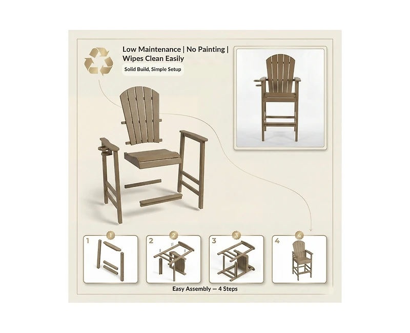 sumyeg All Weather Hdpe Bar Height Adirondack Chair with Armrests and Cup Holder