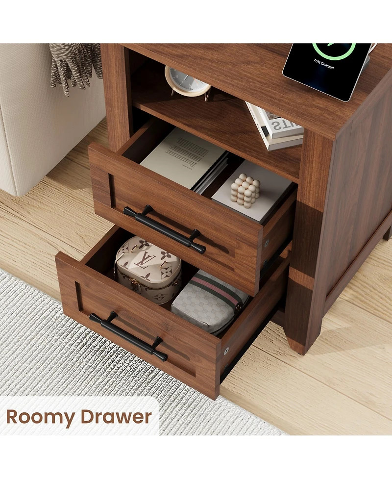 gaomon Set of 2 Farmhouse Nightstand with Charging Station 2 Drawers and Open Shelf, Usb/Type-c/Ac Outlets