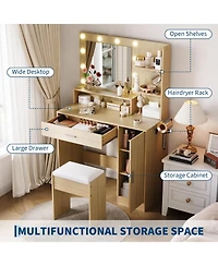 gaomon Vanity Desk with Hd Mirror and 10 Led Bulbs - 3 Adjustable Lighting Modes - Power Outlet and Hairdryer Rack Makeup Vanity Set for Bedroom