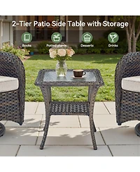 Pocassy Outdoor Side Table - Tempered Glass Wicker Table, Waterproof Patio Coffee Rattan End with Storage