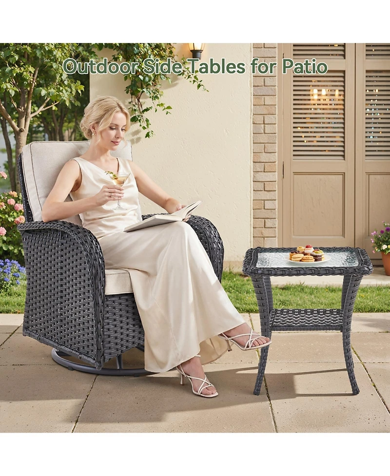 Pocassy Outdoor Side Table - Tempered Glass Wicker Table, Waterproof Patio Coffee Rattan End with Storage