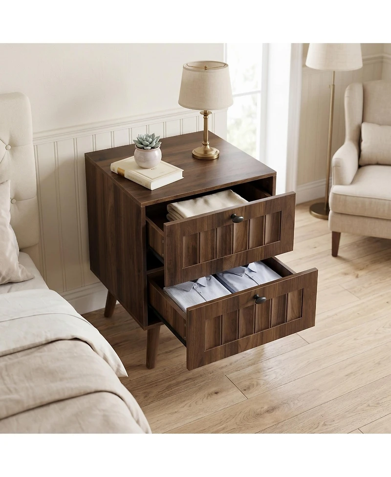 Sailvan Mid-Century Modern Double-Drawer Bedside Table 2-Pack, Walnut with Solid Wood Legs