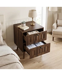 Sailvan Mid-Century Modern Double-Drawer Bedside Table 2-Pack, Walnut with Solid Wood Legs
