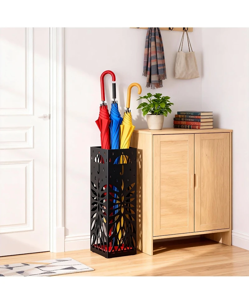 gaomon Square Metal Umbrella Stand, Rust-Resistant Steel, Removable Drip Tray, 4 Hooks, for Entryway and Office