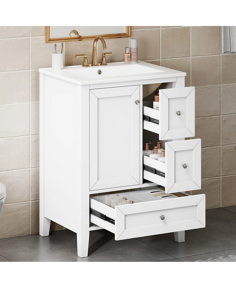Sillysis 24 Inch Bathroom Vanity with Ceramic Sink, Freestanding Modern Cabinet, Soft Close Drawers for Small Bath