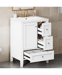 Sillysis 24 Inch Bathroom Vanity with Ceramic Sink, Freestanding Modern Cabinet, Soft Close Drawers for Small Bath