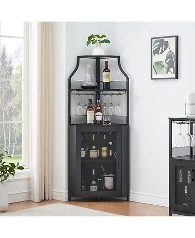 gaomon Corner Bar Wine Cabinet with Led Lights, 5-Tier Industrial Glass Holder, Modern Liquor Adjustable Shelf