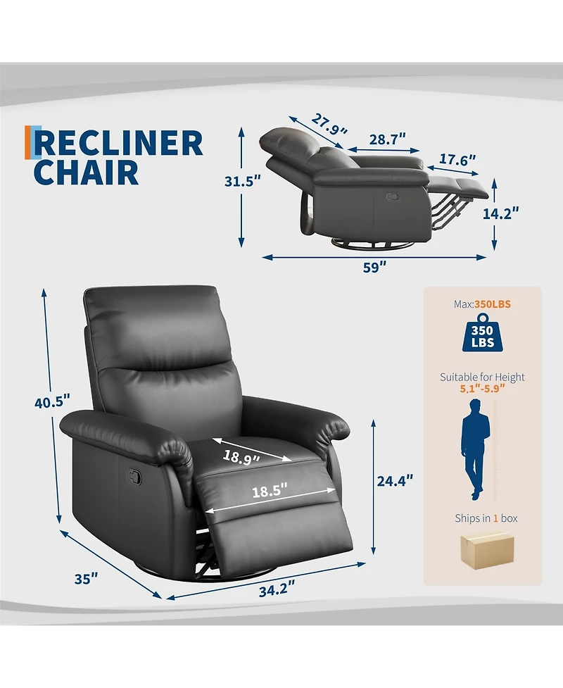 homfan Oversized Swivel Rocker Recliner Chair – Modern Pu Leather, Deep Seat, Padded Armrests, 360degree(s) Glider Single Sofa, Usb Charging Port