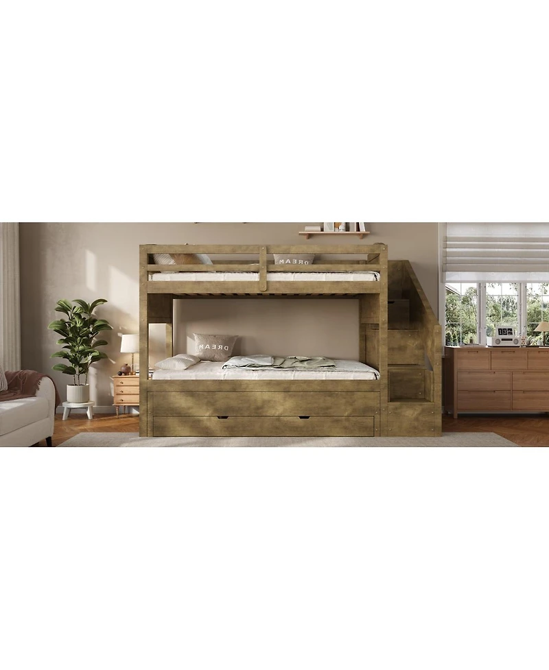 Streamdale Furniture Twin Xl Bunk Bed with Trundle, Storage Drawers, Staircase, and Wardrobe, Walnut