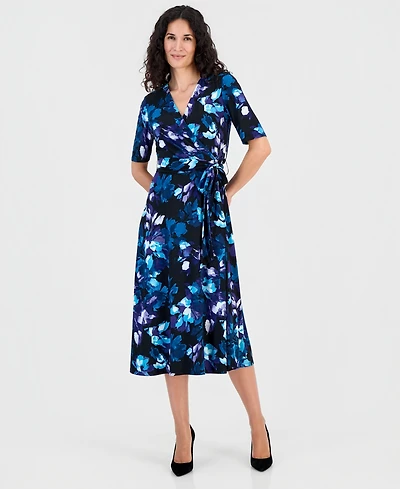 Kasper Women's Elbow-Sleeve Wrap-Front Fit & Flare Dress