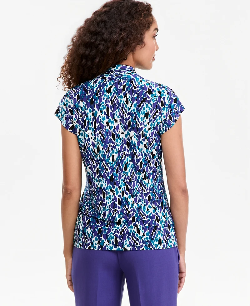 Kasper Petite Extended-Sleeve Funnel-Neck Printed Blouse
