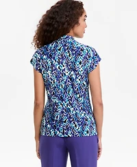 Kasper Petite Extended-Sleeve Funnel-Neck Printed Blouse