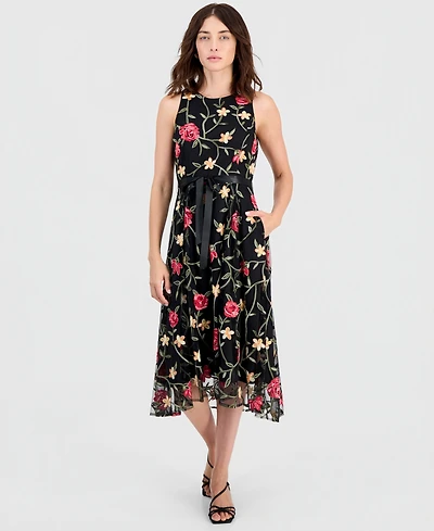 Tahari Asl Women's Embroidered Belted Sleeveless Dress