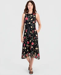 Tahari Asl Women's Embroidered Belted Sleeveless Dress