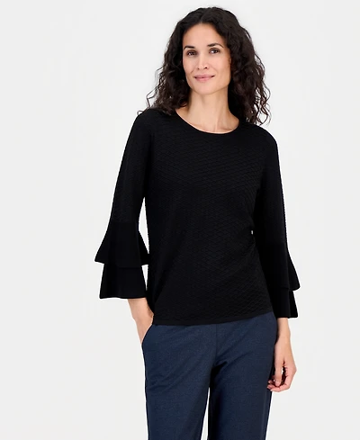 Kasper Petite Flare-Sleeve Boat Neck Textured-Stitch Sweater