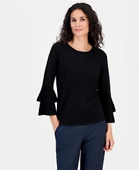 Kasper Womens Textured Knit Flared Cuff 3 4 Sleeve Top