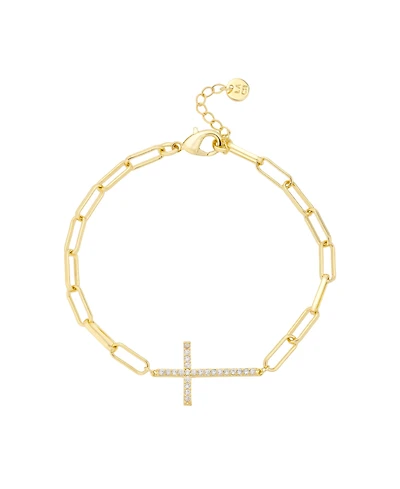 Unwritten Cubic Zirconia Gold-Tone Plated Cross Paperclip Chain Bracelet