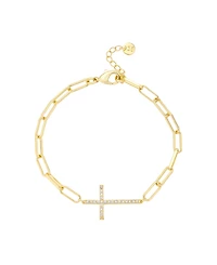 Unwritten Cubic Zirconia Gold-Tone Plated Cross Paperclip Chain Bracelet