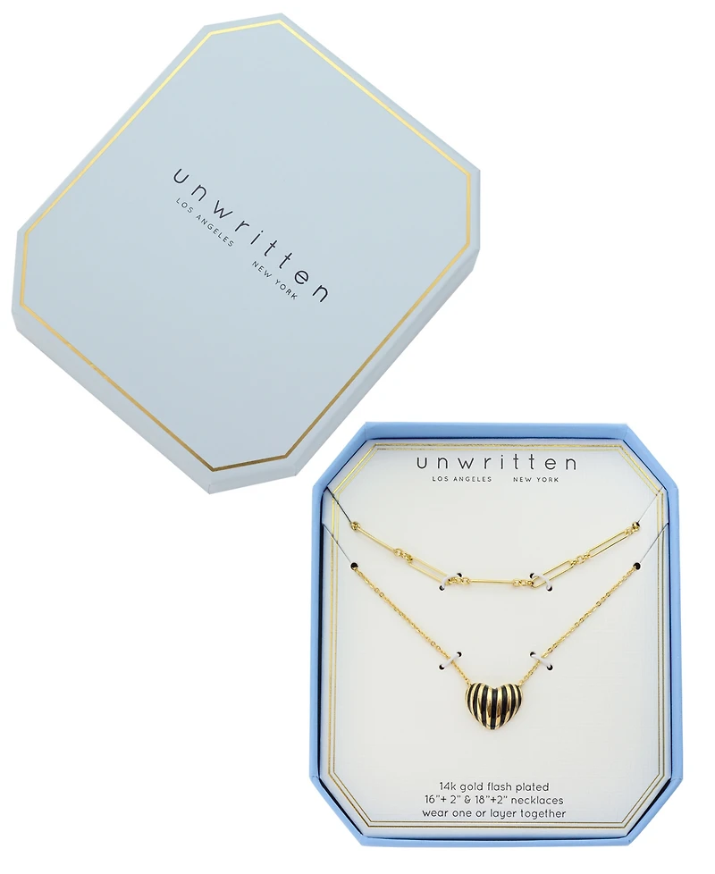 Unwritten Gold-Tone Plated Enamel Stripe Heart Pendant Duo Necklace Set
