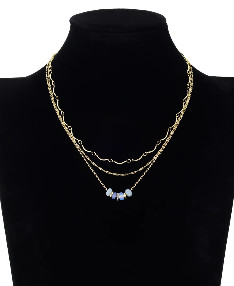 Unwritten Crystal and Dyed Quartz Gold-Tone Plated Blue Rondelle Bead Trio Necklace Set