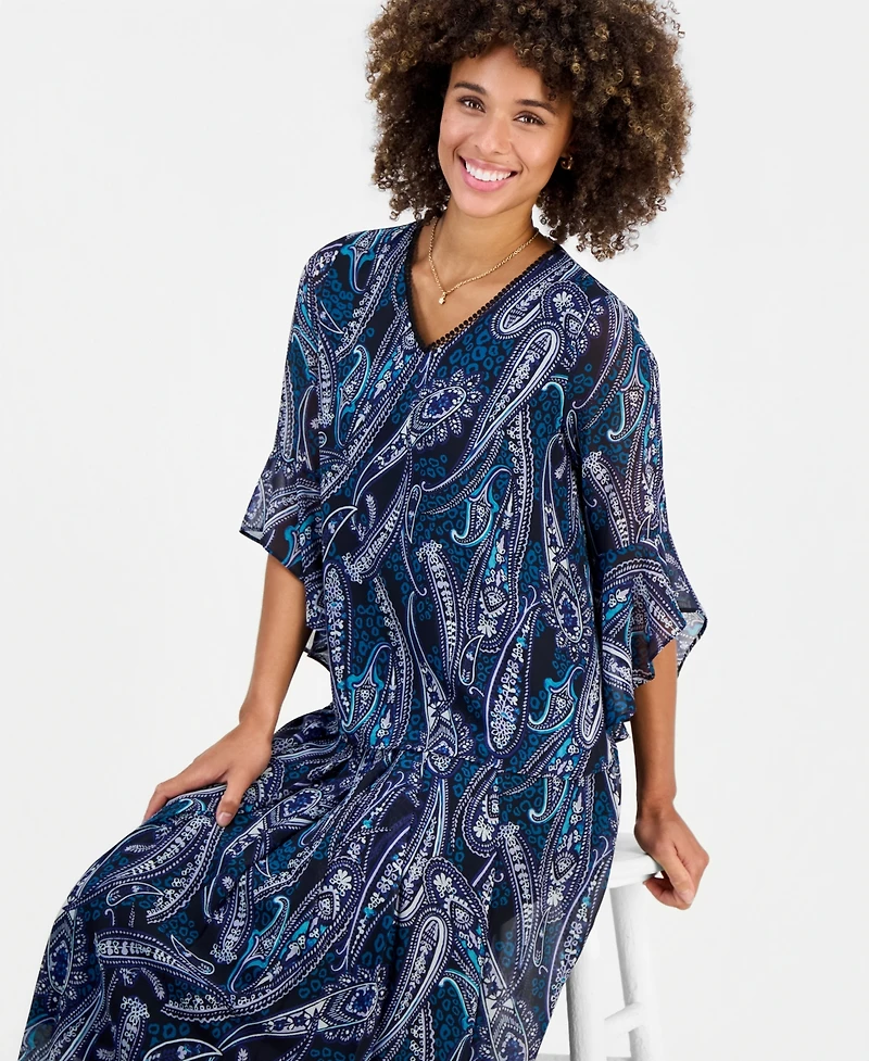 Kasper Petite Printed V-Neck Ruffle Sleeve Chiffon Top