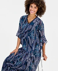 Kasper Petite Printed V-Neck Ruffle Sleeve Chiffon Top