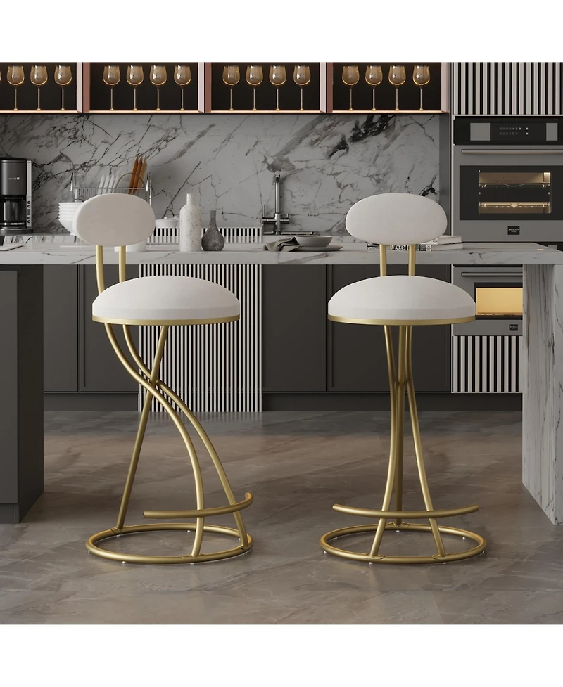 flynama Set of 2 Modern Velvet Round Bar Stools S-Shape Frame