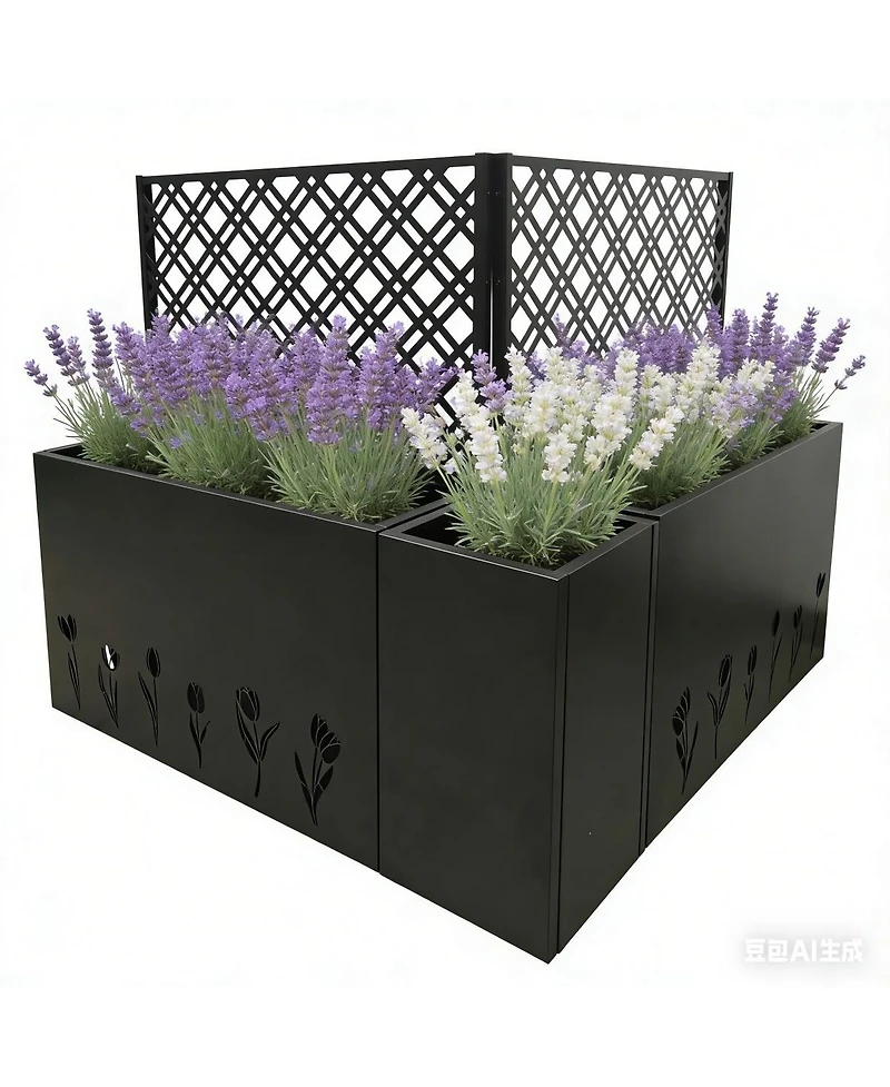 Asagikoiai Metal Planter-Trellis Combo Set of 3, Raised Garden Bed Set with Privacy Screen