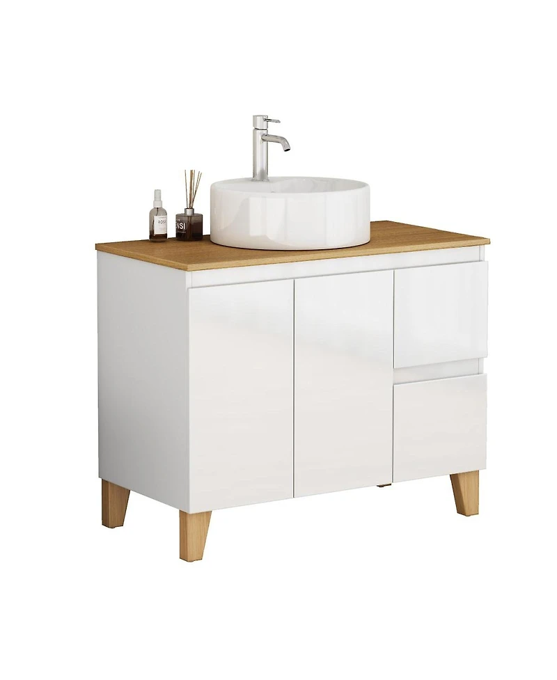Sillysis Freestanding Bathroom Vanity with Sink, Modern Solid Wood Top, Soft Close Drawers, Round Countertop Basin