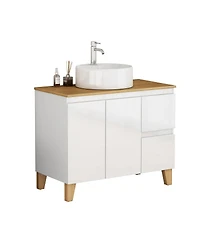 Sillysis Freestanding Bathroom Vanity with Sink, Modern Solid Wood Top, Soft Close Drawers, Round Countertop Basin
