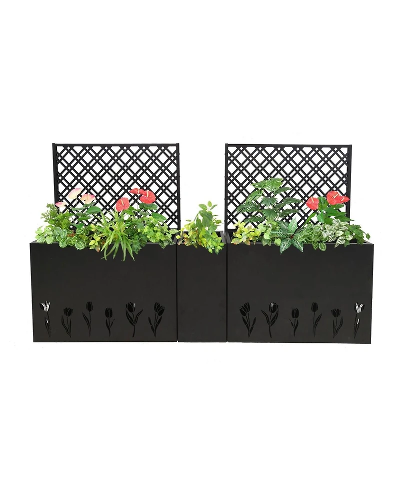 Asagikoiai Metal Planter-Trellis Combo Set of 3, Raised Garden Bed Set with Privacy Screen