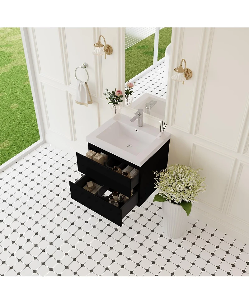Sillysis Wall Mounted Bathroom Vanity with Resin Countertop, Modern Floating Cabinet, Soft Close Drawers, Easy Install