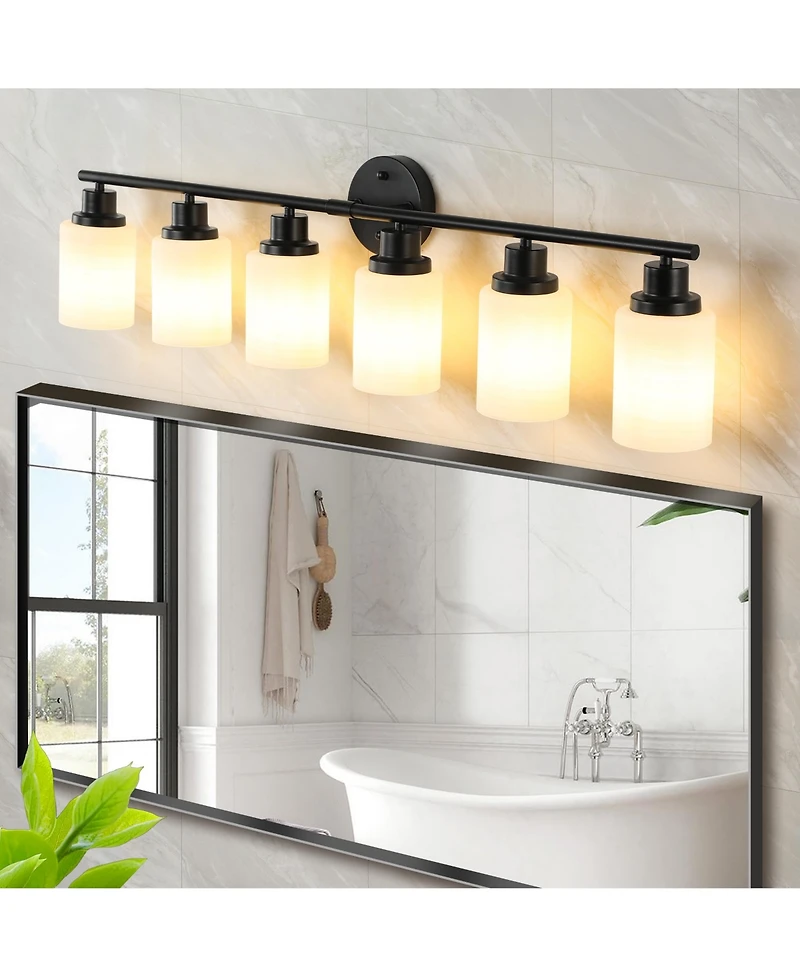 Busdays 39 Inch Black Iron Frame Modern 6 Light Vanity Light Frosted White Glass Wall Sconce for Bathroom Bedroom Dressing Room No Bulbs