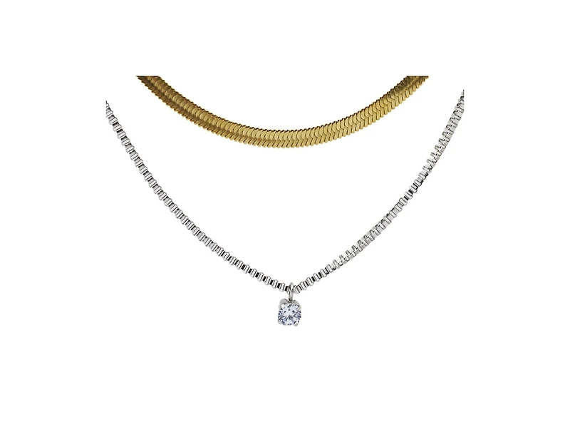 Rebl Jewelry Gold & Silver Layered Necklace with Cz Pendant, Snake and Box Chain with Adjustable Length
