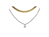 Rebl Jewelry Gold & Silver Layered Necklace with Cz Pendant, Snake and Box Chain with Adjustable Length