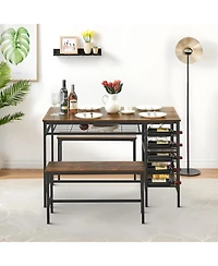 gaomon 3-Piece Dining Set for 4, Table with 2 Benches, Wine Rack & Storage
