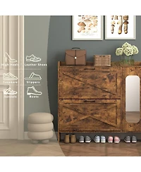 Rainsken Rustic Brown Shoe Storage Cabinet, Freestanding Shoe Rack, Narrow Shoe Organizer with 2 Flip Drawers and Mirror Door for Entryway, Hallway