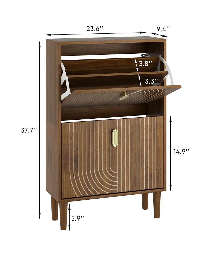Rainsken Shoe Storage Cabinet, Walnut Hidden Shoe Rack with 2 Flip Drawers, Line Groove Design and Gold Handles for Entryway, Hallway and Living Room