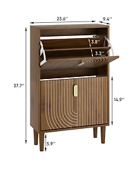 Rainsken Shoe Storage Cabinet, Walnut Hidden Shoe Rack with 2 Flip Drawers, Line Groove Design and Gold Handles for Entryway, Hallway and Living Room
