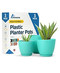 Lifemaster Set of 3 aqua plant pots with drainage holes and saucers. Stackable, durable, weatherproof, and perfect for indoor or outdoor use.