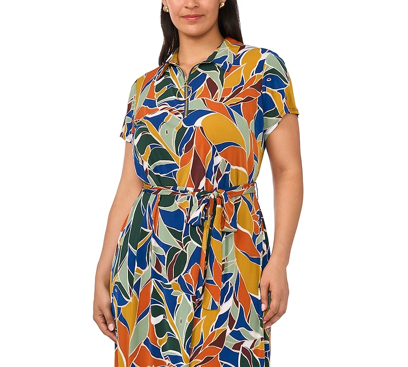 Msk Plus Belted Collared Short-Sleeve Midi Dress