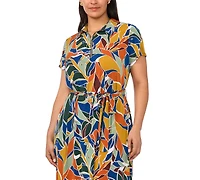 Msk Plus Belted Collared Short-Sleeve Midi Dress