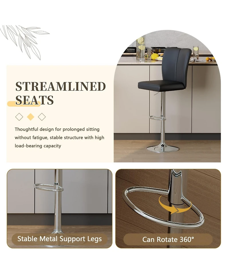 Rainsken Adjustable Bar Stools Set of 2, Swivel Pu Leather Chair with Back, Armless Upholstered Barstools, for Dining Room, Kitchen Island