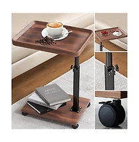 gaomon C-Shaped Adjustable Height End Table, 360degree(s) Swivel Tv Tray with Wheels, Wood and Metal Sofa Table for Living Room
